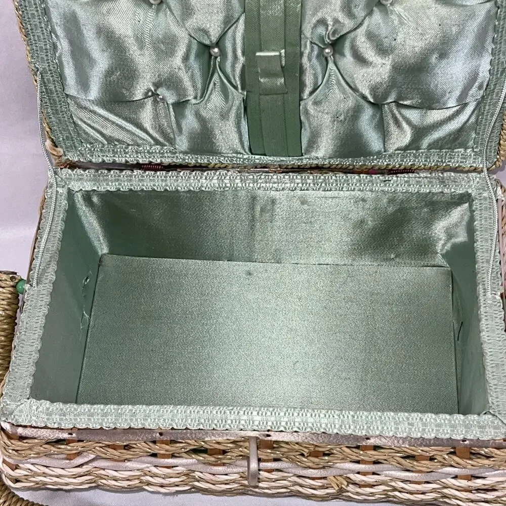 Vintage Woven Straw Wicker Sewing Basket Box Handle Satin Lining Rectangle